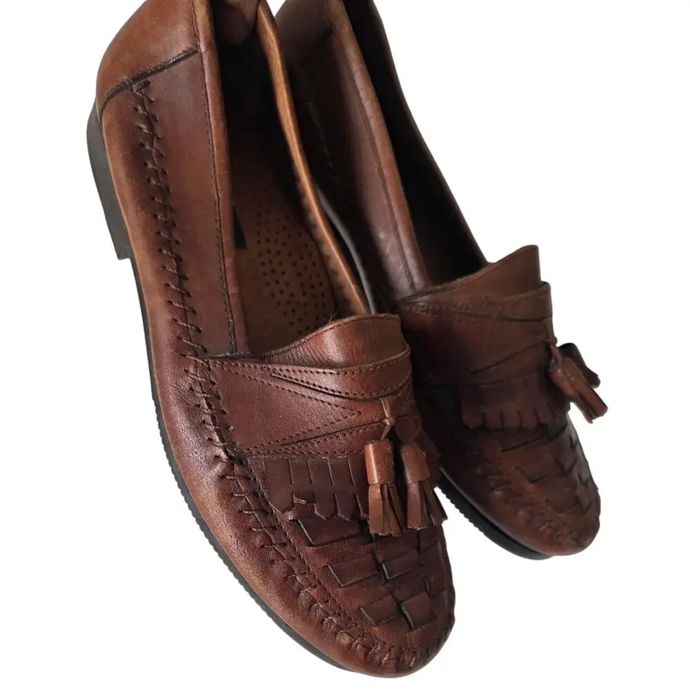Vintage 90s Giorgio Brutini Brown Braided Woven Leather Tassel Loafers Mens 9.5